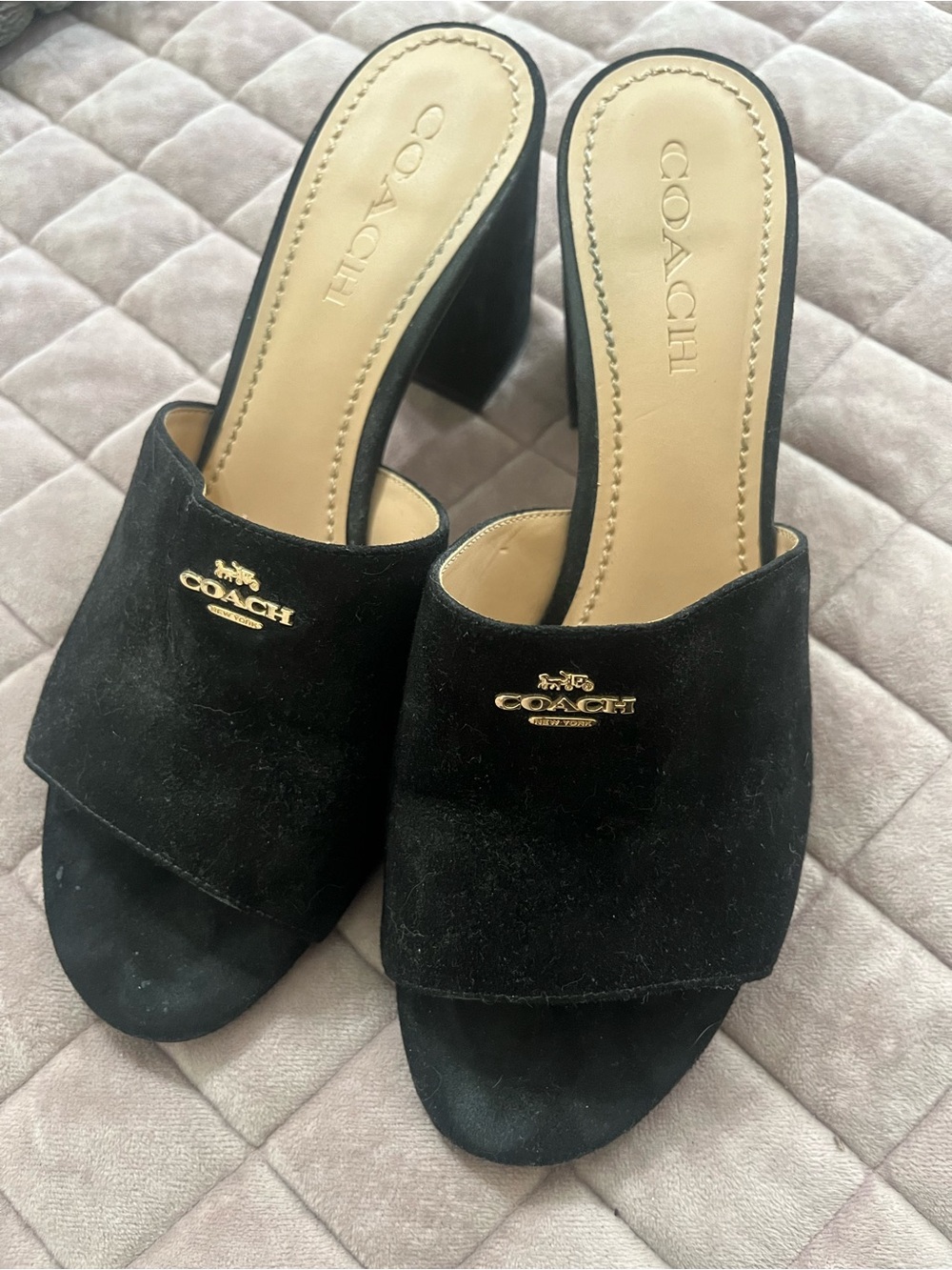 COACH Black Suede Gold-Logo Open-Toe Block Heel Mules